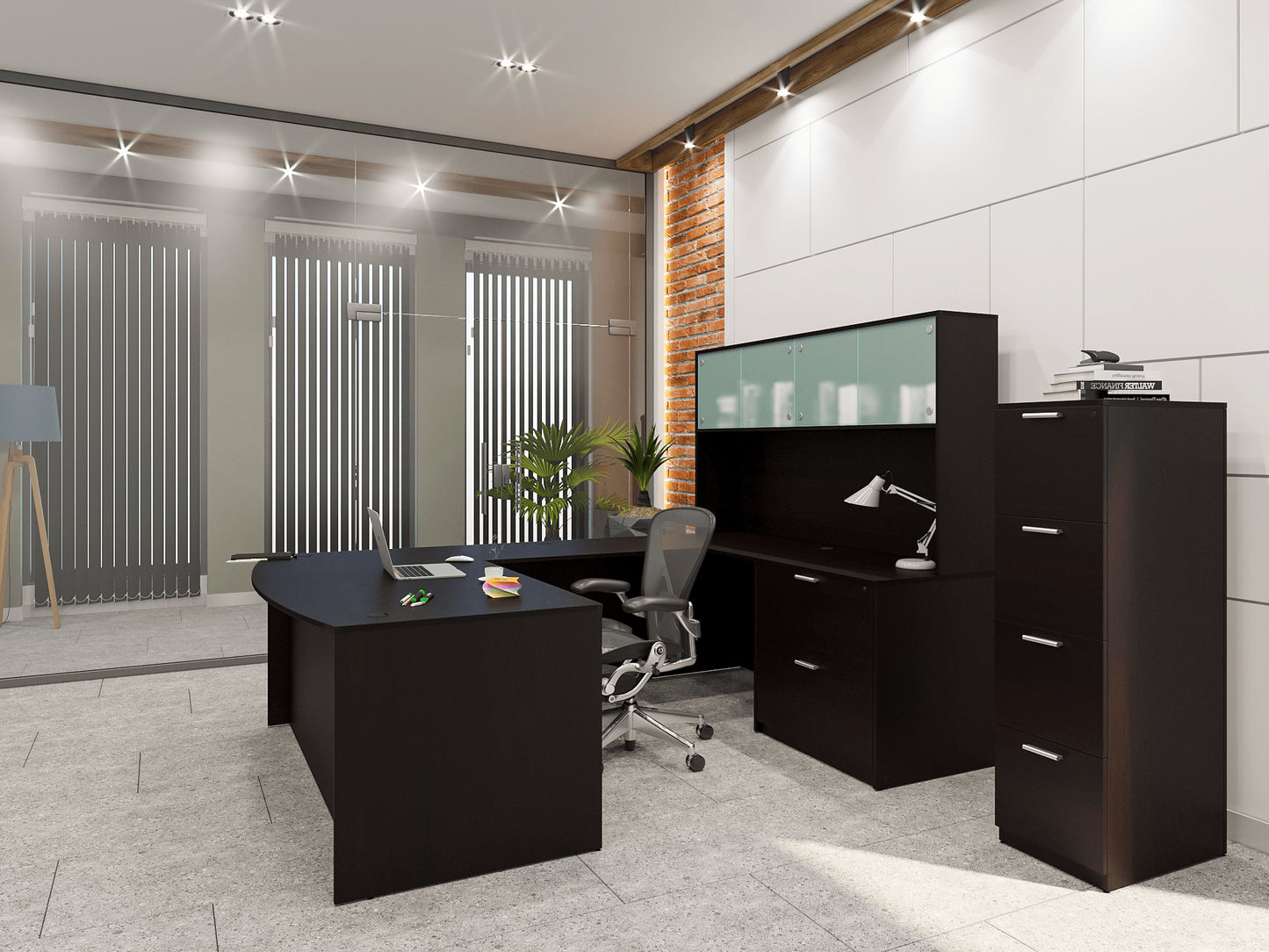 Kai U-Shaped Bow Front Desk with Full Lateral Pedestal & 4 Door Hutch
