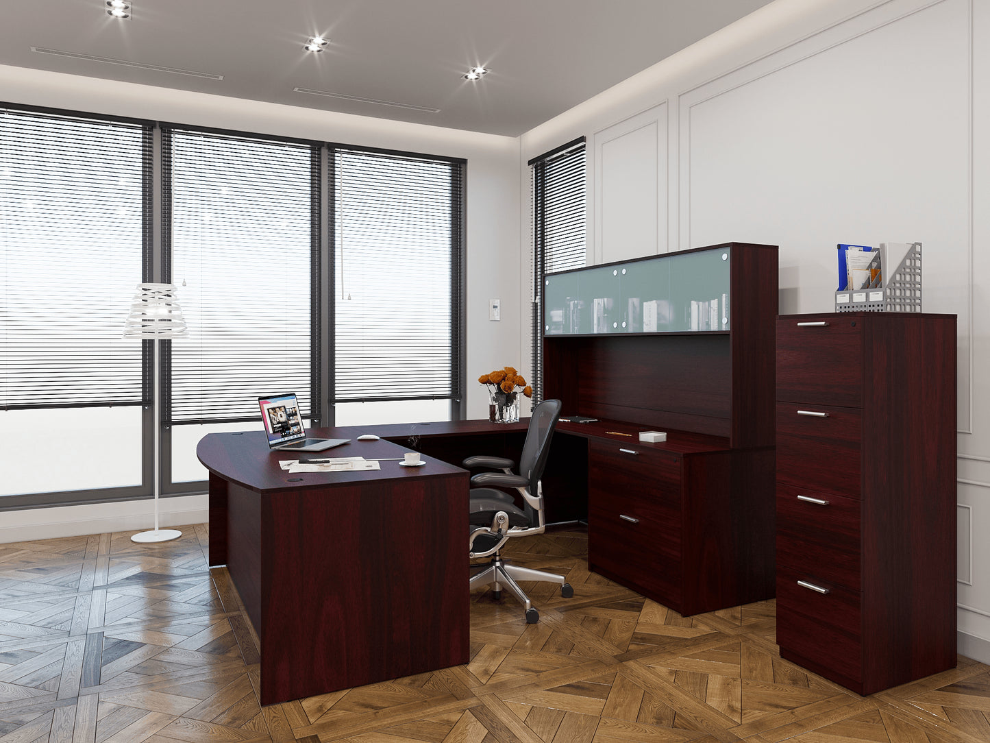 Kai U-Shaped Bow Front Desk with Full Lateral Pedestal & 4 Door Hutch
