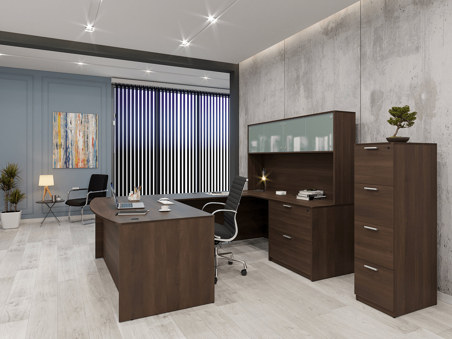 Kai U-Shaped Bow Front Desk with Full Lateral Pedestal & 4 Door Hutch
