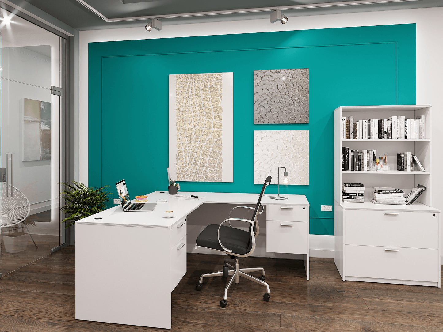 i5 Industries L-Shaped Laminate Desk - White - SKU D6672P-1