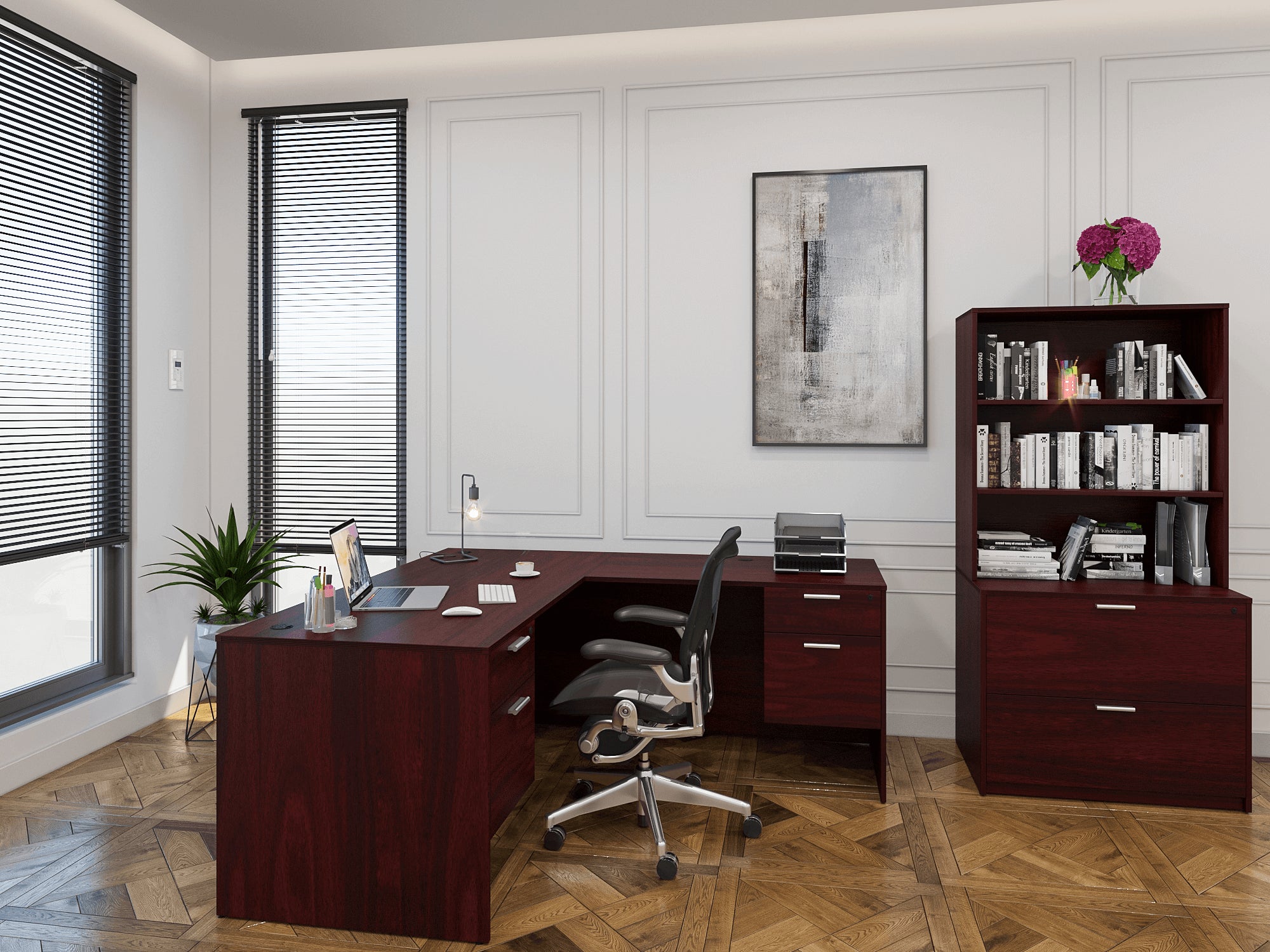 i5 Industries L-Shaped Laminate Desk - Mahogany - SKU D6672P-1