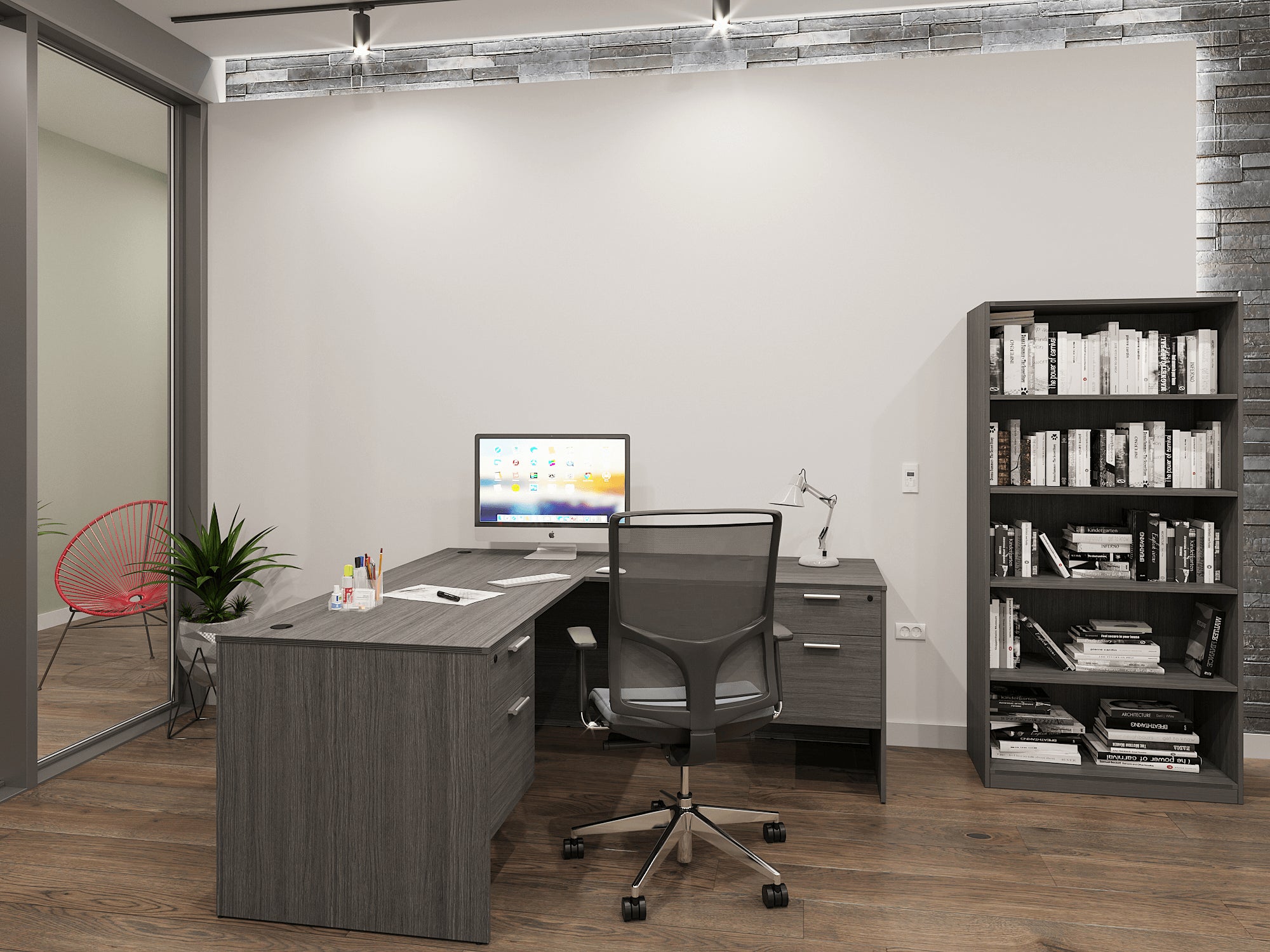 i5 Industries L-Shaped Laminate Desk - Grey - SKU D6672P-1