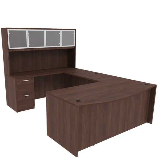 Kai U-Shaped Bow Front Desk with Double Full Pedestals & 4 Door Hutch